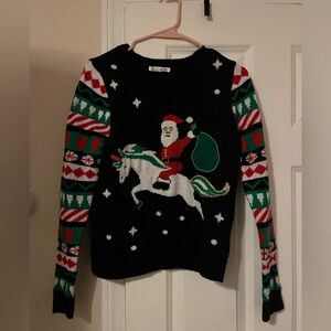 santa riding a unicorn ugly christmas sweater